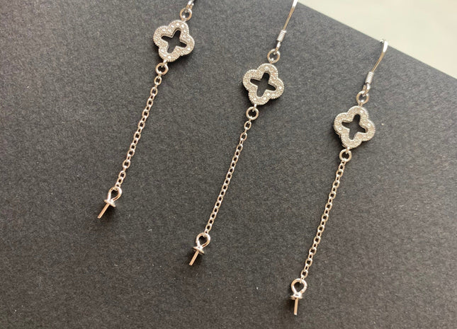 One Pair 925 Sterling Silver Earring Setting With CZ Genuine 925 Sterling Silver Dangle Earring Findings For Half Drilled Pearls #10348-D