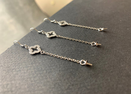 One Pair 925 Sterling Silver Earring Setting With CZ Genuine 925 Sterling Silver Dangle Earring Findings For Half Drilled Pearls #10348-D