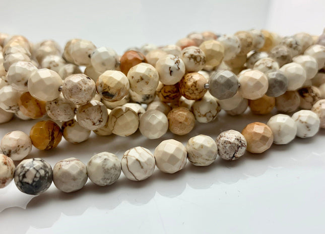 4mm 6mm 8mm 10mm Faceted Round Golden Creamy White Magnesite Gemstone Beads White Turquoise Loose Beads 15.5 Inches Strand #2650