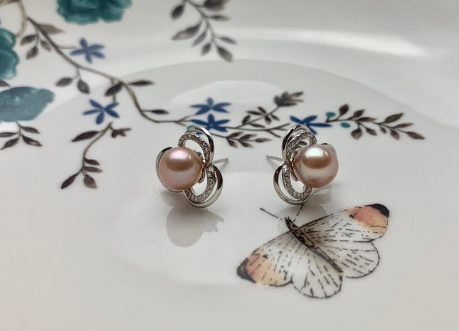 AAAA 8.5 mm Natural Pink Freshwater Round Pearl Earring Studs W/925 Sterling Silver High Luster Pearl Flower Earring Bridal Jewelry #10006-B