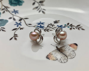 AAAA 8.5 mm Natural Pink Freshwater Round Pearl Earring Studs W/925 Sterling Silver High Luster Pearl Flower Earring Bridal Jewelry #10006-B