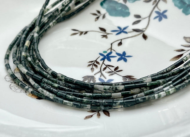 2x4 mm Tube Shape Natural Moss Agate Gemstone Beads Genuine Multi Green Agate Gemstones Loose Spacer Beads 15.5 Inches Strand #3914