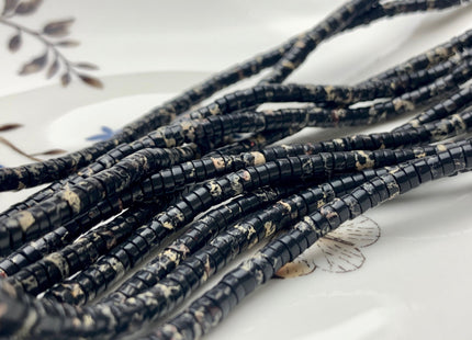 2x4mm Natural Black Color Impression Jasper Heishi Rondelle Shape Genuine Sea Sediment Jasper Discs Gemstone Beads 15.5 Inches Strand #3111