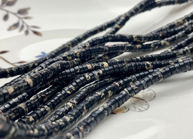 2x4mm Natural Black Color Impression Jasper Heishi Rondelle Shape Genuine Sea Sediment Jasper Discs Gemstone Beads 15.5 Inches Strand #3111
