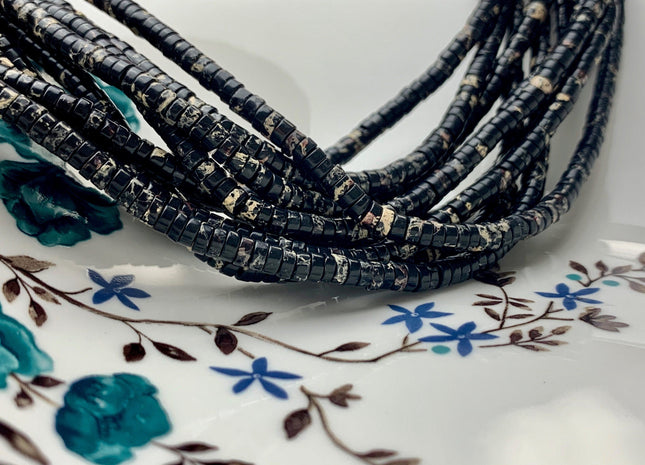 2x4mm Natural Black Color Impression Jasper Heishi Rondelle Shape Genuine Sea Sediment Jasper Discs Gemstone Beads 15.5 Inches Strand #3111