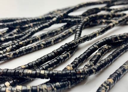 2x4mm Natural Black Color Impression Jasper Heishi Rondelle Shape Genuine Sea Sediment Jasper Discs Gemstone Beads 15.5 Inches Strand #3111