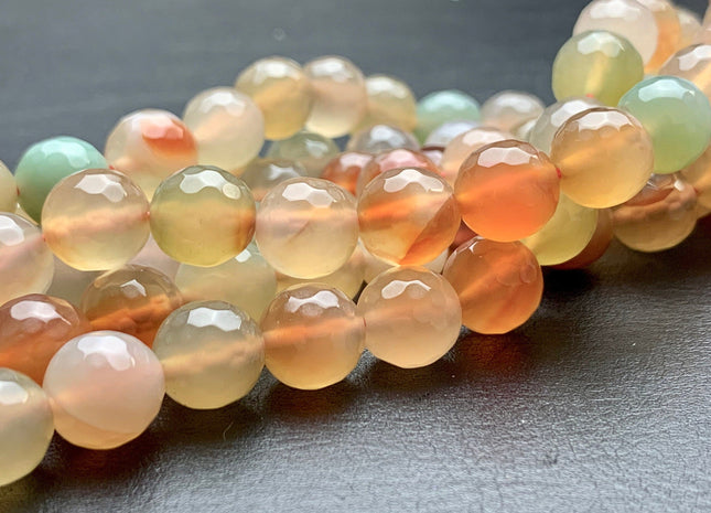 14 mm Faceted Round Fire Agate Gemstone Beads Heat Treated Mixed Peach Orange Green Color Natural Fire Agate 15.5 Inches Strand #2698