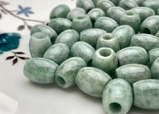 Two Pieces 10x12 mm Natural Color Large Hole Smooth Barrel Shape Burmese Jade Beads 3.0 mm Hole Natural Green Color Burmese Jade #3816