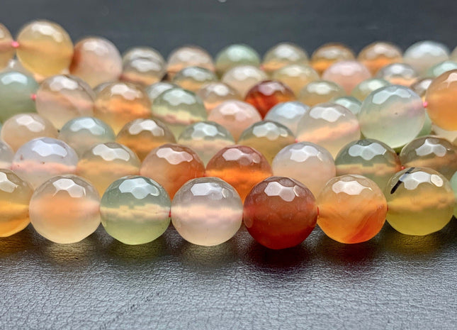 14 mm Faceted Round Fire Agate Gemstone Beads Heat Treated Mixed Peach Orange Green Color Natural Fire Agate 15.5 Inches Strand #2698
