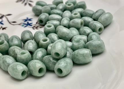 Two Pieces 10x12 mm Natural Color Large Hole Smooth Barrel Shape Burmese Jade Beads 3.0 mm Hole Natural Green Color Burmese Jade #3816