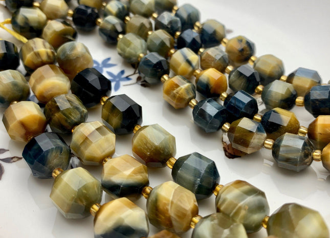9x10mm 11x12mm AAA Half Strand Faceted Energy Prism Cut Tiger Eye Gemstone Genuine Double Terminated Points Blue Blonde Tiger Eye #3664