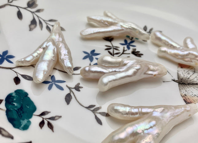 One-Of-A-Kind AAA Rare Natural White Chicken Feet Shape Genuine Top Drilled Pearl Beads High Luster Large Hole 1.2mm Biwa Pearl Beads #P1125