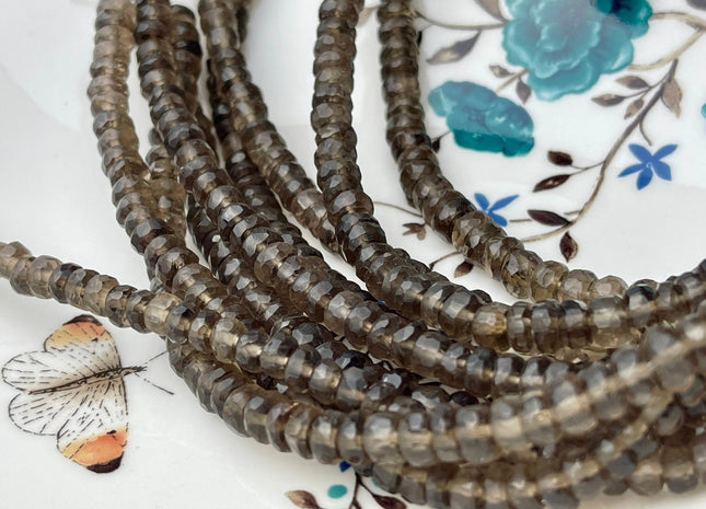 6-8mm Natural Smoky Quartz Large Hole Gemstone Beads Faceted Rondelle Genuine Smoky Quartz Beads Hole Size 1.0mm 8 Inches Strand #4232