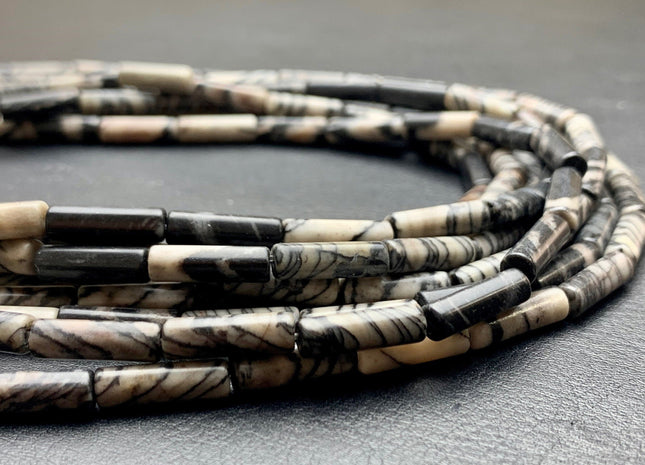 4x13-14 mm Tube Shape Natural Black Spider Web Jasper Gemstone Beads Genuine Black Jasper Gemstones Loose Beads 15.5 Inches Strand #2995