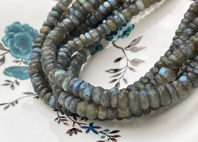 7-8mm Natural Labradorite Large Hole Gemstone Beads Faceted Rondelle Genuine Blue Flashy Labradorite Hole Size 1.0mm 13 Inches Strand #4233