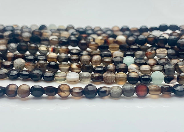 4mm Micro Faceted Diamond Cut Black Color Agate Flat Coin Disc Shape Genuine Agate Gemstone Beads 15.5 Inches Strand #3063