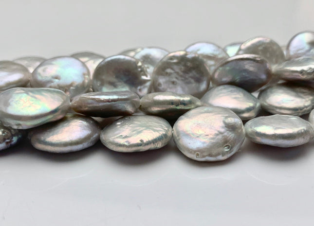 13-16 mm Silver Gray Coin Freshwater Pearl Beads Genuine Flat Coin Freshwater Pearl Beads Gray Coin Pearl #95