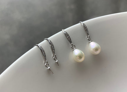 One Pair 925 Sterling Silver Earring Setting With CZ Genuine 925 Sterling Silver Earring Hook Findings For Half Drilled Pearls #10348-B