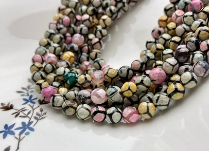 8mm AAA DZI Tibetan Agate Faceted Round Multi Yellow Pink And Blue Color Football Agate Gemstone Loose Beads #4025