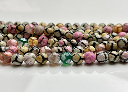 8mm AAA DZI Tibetan Agate Faceted Round Multi Yellow Pink And Blue Color Football Agate Gemstone Loose Beads #4025