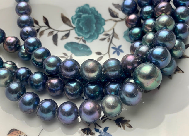 12-14mm AA Half Strand Large Hole Off Round Blue Peacock Freshwater Pearl Hole Size 1.2mm Or 2.1mm Large Hole Peacock Pearl 17 Beads #P1185