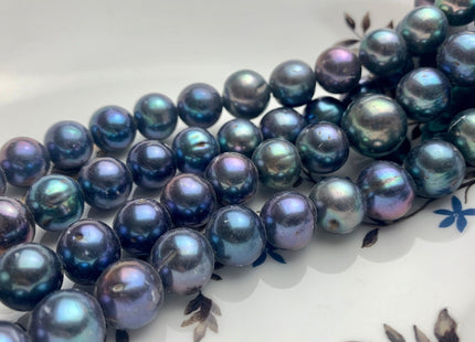 12-14mm AA Half Strand Large Hole Off Round Blue Peacock Freshwater Pearl Hole Size 1.2mm Or 2.1mm Large Hole Peacock Pearl 17 Beads #P1185