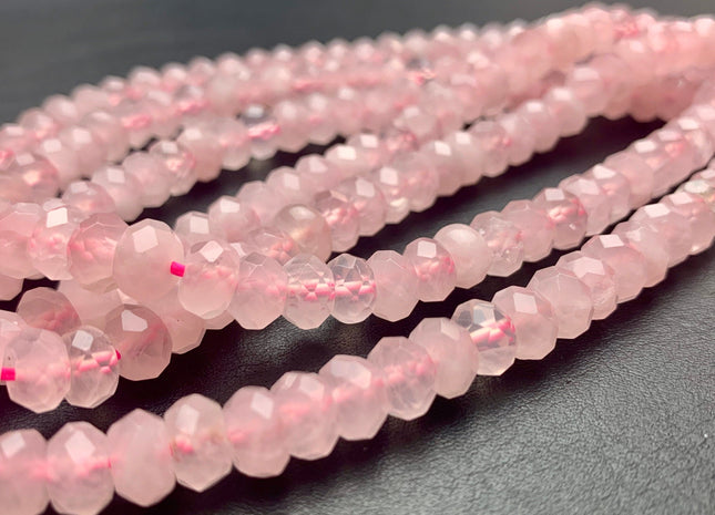 5x8 mm AAA Natural Color Faceted Rondelle Rose Quartz Gemstone Top Quality Micro Faceted Rose Quartz Loose Beads 15 Inches 80 Beads #3503