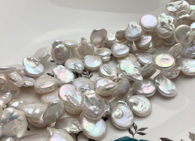 12-15x16-20 mm AA Top Drilled Teardrop Natural White Coin Freshwater Pearl Beads Genuine Cultured Flat Coin Pearl Beads #584