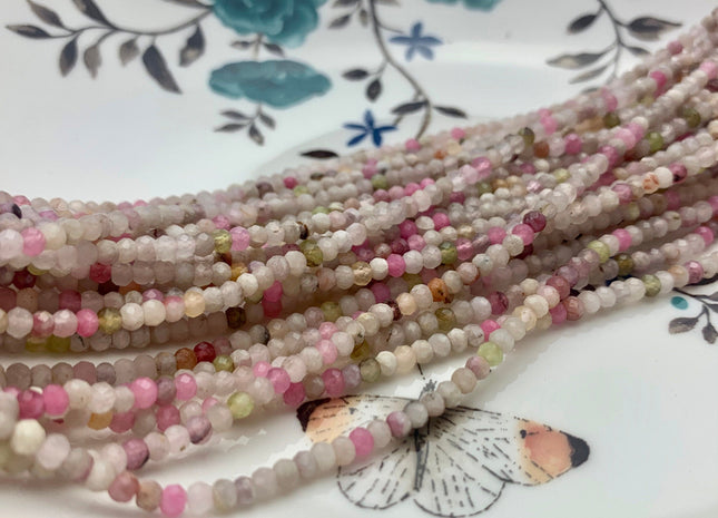 2x3 mm AAA Micro Faceted Rondelle Chinese Tourmaline Beads Genuine Top Quality Green Pink Gold Mixed Tourmaline 15.5 Inches Strand #3248