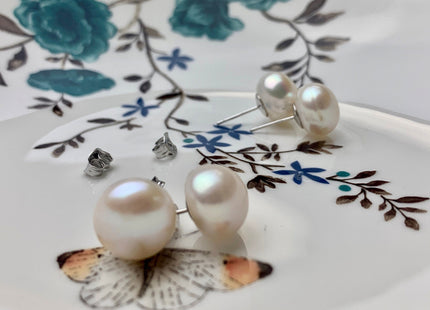 12-12.5 mm Genuine Natural White Freshwater Pearl Stud Earring .925 Sterling Silver Earring Posts Pearl Earrings Bridal Earrings #684