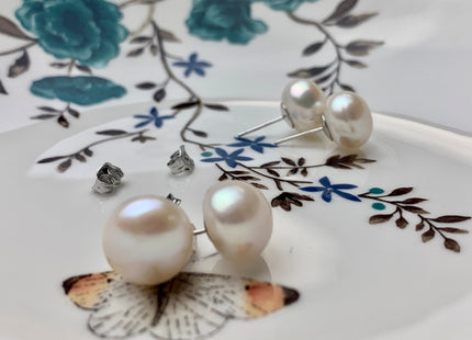 11.5-12 mm Genuine Natural White Freshwater Pearl Stud Earring .925 Sterling Silver Earring Posts Pearl Earrings Bridal Earrings #684