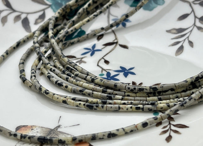 2x4 mm Tube Shape Natural Dalmatian Jasper Gemstone Beads Genuine Black Cream Jasper Gemstones Loose Spacer Beads 15.5 Inches Strand #3899