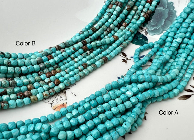 4mm Micro Faceted Cube Dice Square Shape Multi Blue Turquoise Blue Brown Color Turquoise Gemstone Beads 15.5 Inches #4202