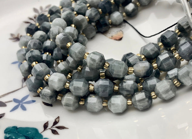 7x8mm AAA Half Strand Faceted Energy Prism Cut Eagle Eye Gemstone Genuine Double Terminated Points Multi Gray Color Beads 19 Pieces #3638