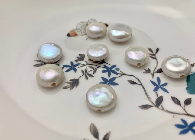 One Piece 14-15 mm AAAAA Natural White Large Hole Coin Pearl Hole Size 2.1 mm High Luster Top Quality Genuine Freshwater Coin Pearls #P1136