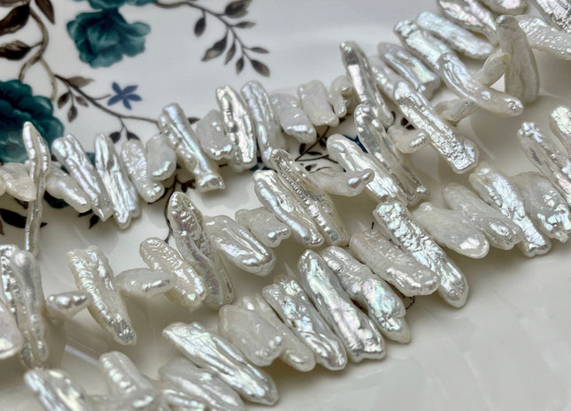 7 x 20-22 mm Natural White Biwa Stick Freshwater Pearl Beads, Genuine Cultured Center Drilled Pearl Beads,Natural Pearl Beads #566
