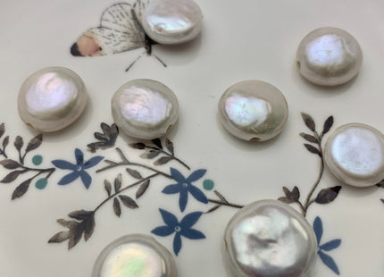 One Piece 14-15 mm AAAAA Natural White Large Hole Coin Pearl Hole Size 2.1 mm High Luster Top Quality Genuine Freshwater Coin Pearls #P1136