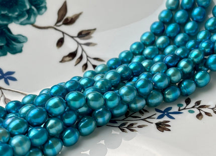 6x6.5-7 mm Electric Blue Color Rice Oval Freshwater Pearls Genuine Freshwater Pearl Beads Blue Freshwater Rice Pearls 62 Beads #P2146