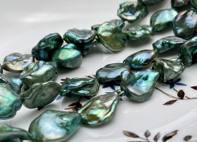 14-16 mm AA Forest Green Color Jumbo Keshi Freshwater Pearl Beads Center Drilled Very Rare High Luster Paddle Keshi Pearl #P2051