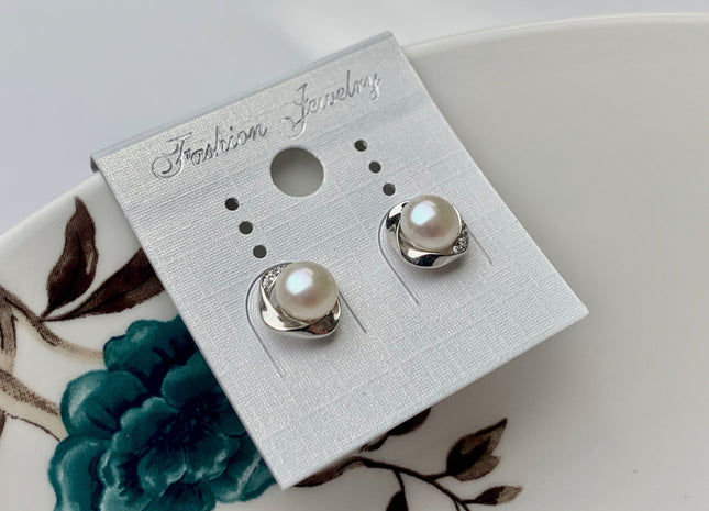 AAA 6 mm Natural White Round Button Freshwater Pearl Earrings With Crest Design 925 Sterling Silver Earrings #10053-B
