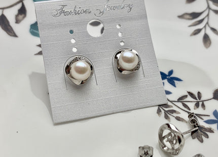 AAA 6 mm Natural White Round Button Freshwater Pearl Earrings With Crest Design 925 Sterling Silver Earrings #10053-B