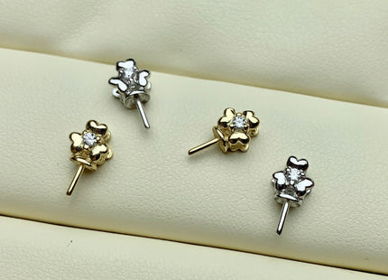 One Piece 925 Sterling Silver/Gold Pendant Setting Findings For Half Drilled Pearls Clover Leaf Design W/CZ Sterling Silver Pendant #1738-A