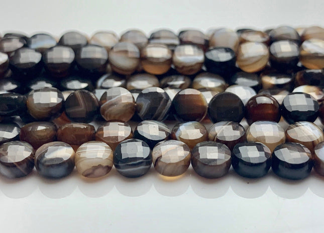 6 mm Micro Faceted Diamond Cut Brown And White Color Flat Coin Disc Shape Botswana Agate Gemstone Beads Genuine Agate 15 Inches Strand #2819