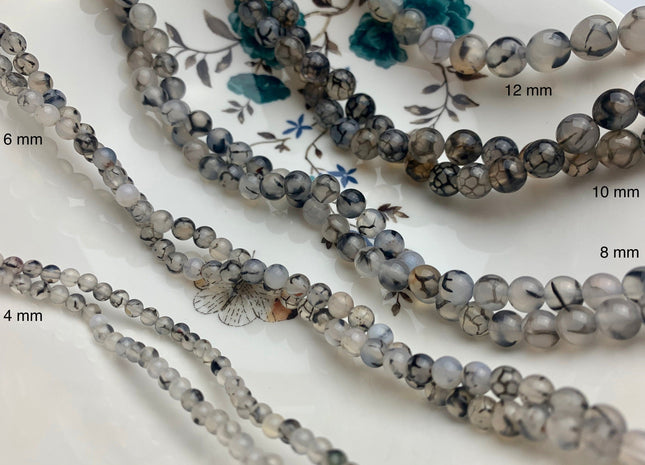 4mm 6mm 8mm 10mm 12mm Round Smooth Dragon Vein Gemstone Beads Black & White Agate Beads 15 Inches Strand #3288