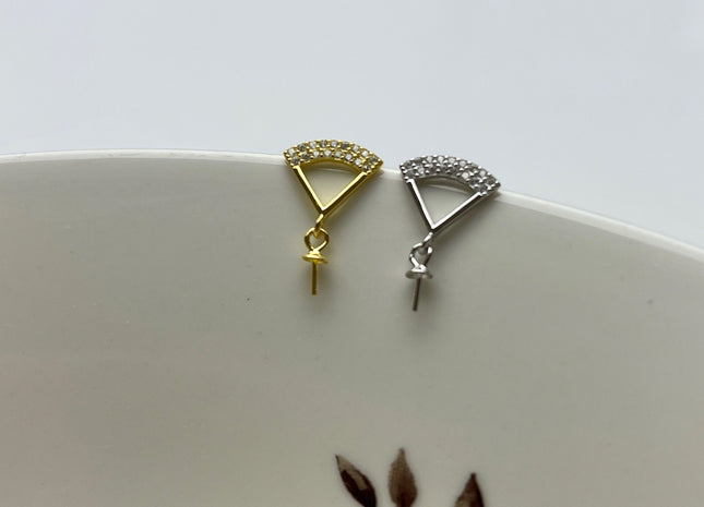 One Pair 925 Sterling Silver/Gold Setting Findings For Half Drilled Pearls Fan Shape Design Sterling Silver Earring Findings #10240