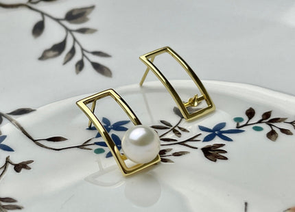One Pair 925 Sterling Silver/Gold Setting Findings For Half Drilled Pearls Rectangular Shape Design Sterling Silver Earring Findings #10258