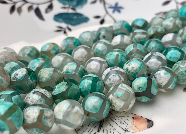 8 mm 10 mm DZI Tibetan Agate Faceted Round Aqua Green And White Color Football Agate Gemstone Loose Beads 15 Inches Strand #2388