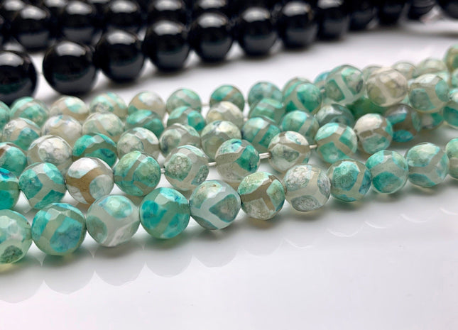 8 mm 10 mm DZI Tibetan Agate Faceted Round Aqua Green And White Color Football Agate Gemstone Loose Beads 15 Inches Strand #2388