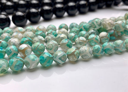 8 mm 10 mm DZI Tibetan Agate Faceted Round Aqua Green And White Color Football Agate Gemstone Loose Beads 15 Inches Strand #2388