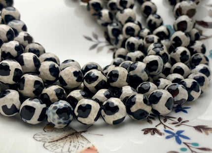 8mm 10mm 12mm AAA DZI Tibetan Agate Faceted Round Multi Black And White Color Football Agate Gemstone Loose Beads 15 Inches Strand #3271